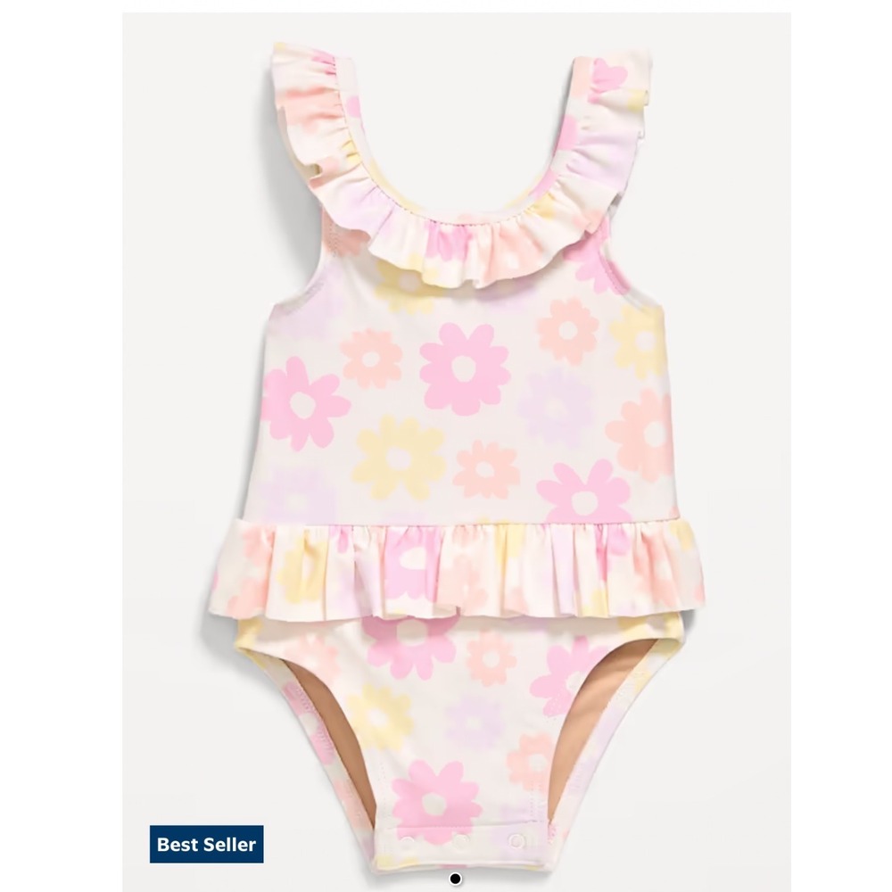 Old Navy Baby Girls Floral Ruffle One Piece Swimsuit Pastel Pink Yellow 18-24M